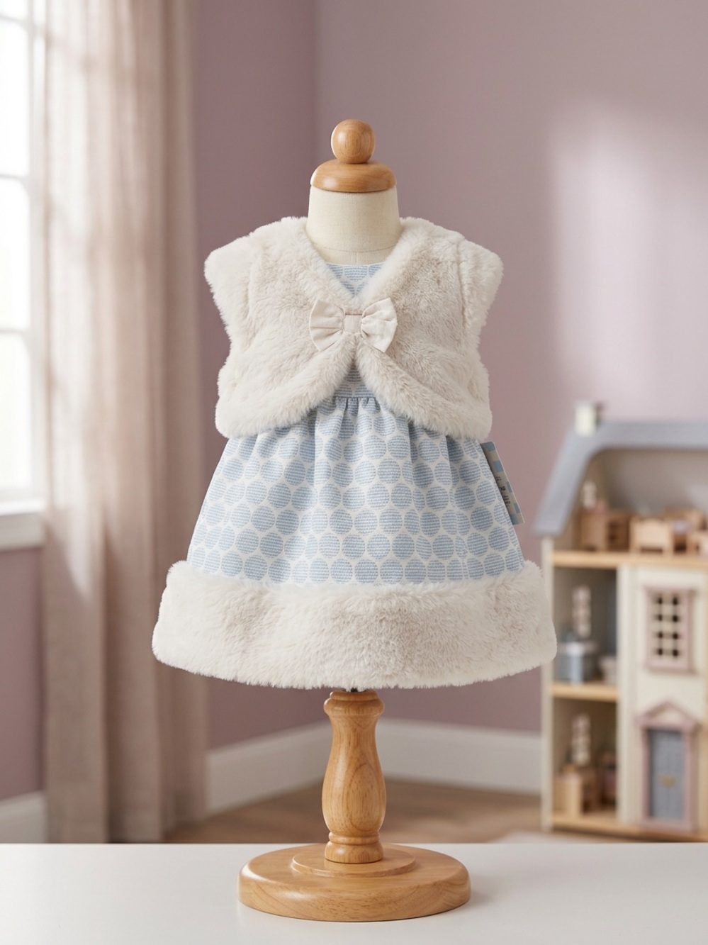 Cat & Jack Cream Faux-Fur Vest with Light Blue Dot Dress